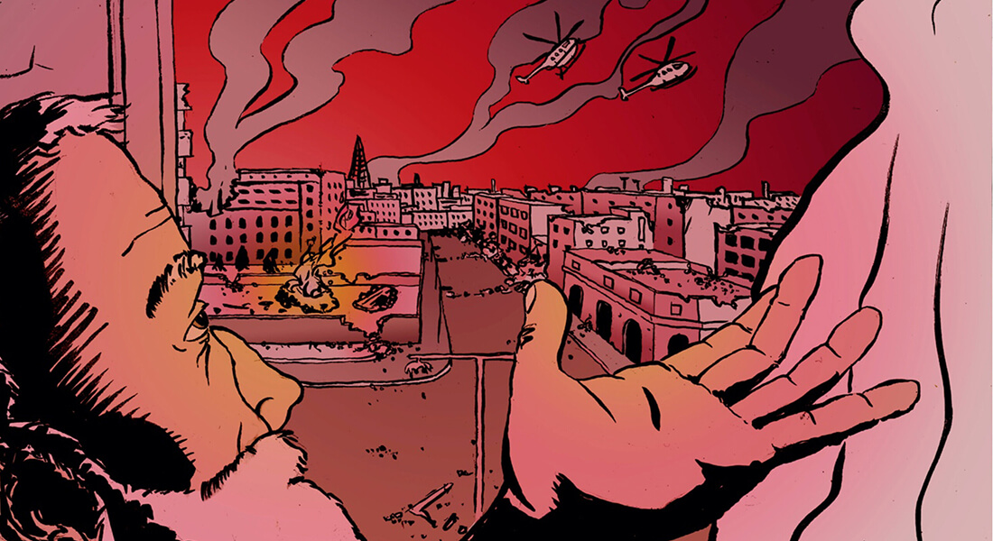 Image from the comic book, where the character 'Aleppo Man' tells about the bombing of Aleppo